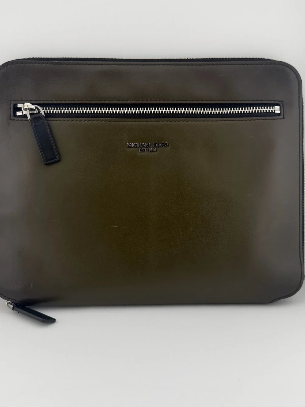 MICHAEL KORS Olive Green Leather 13” Laptop Sleeve with Front Zip